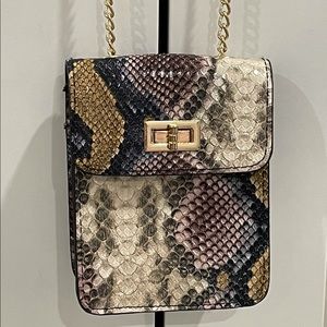 Twist lock snakeskin chain mini bag